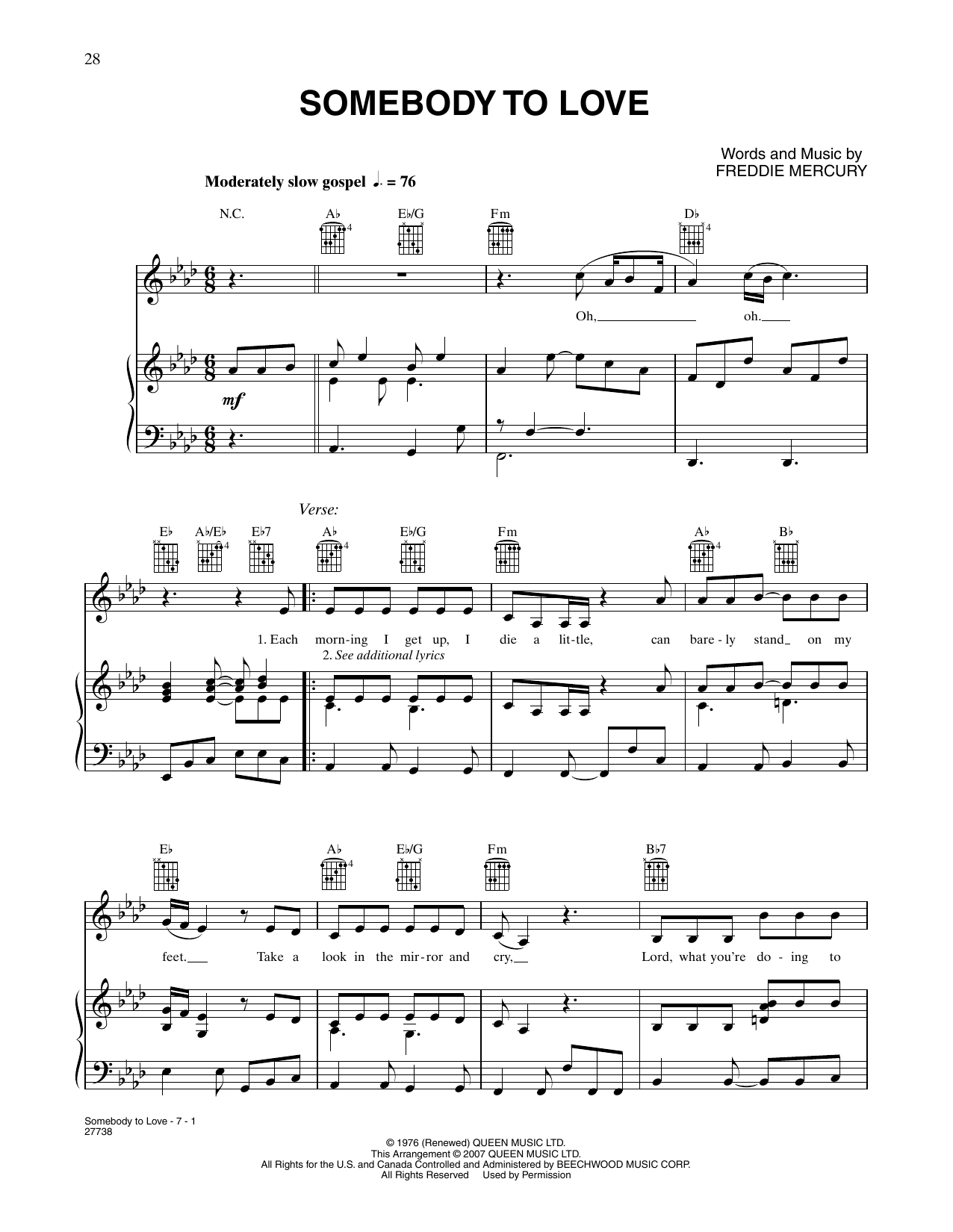 Download Queen Somebody To Love Sheet Music and learn how to play Piano, Vocal & Guitar Chords (Right-Hand Melody) PDF digital score in minutes