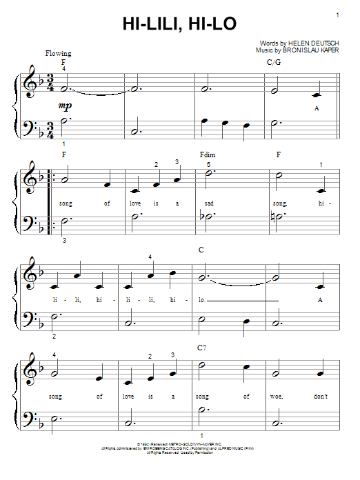 Download Bronislau Kaper Hi-Lili, Hi-Lo Sheet Music and learn how to play Piano (Big Notes) PDF digital score in minutes