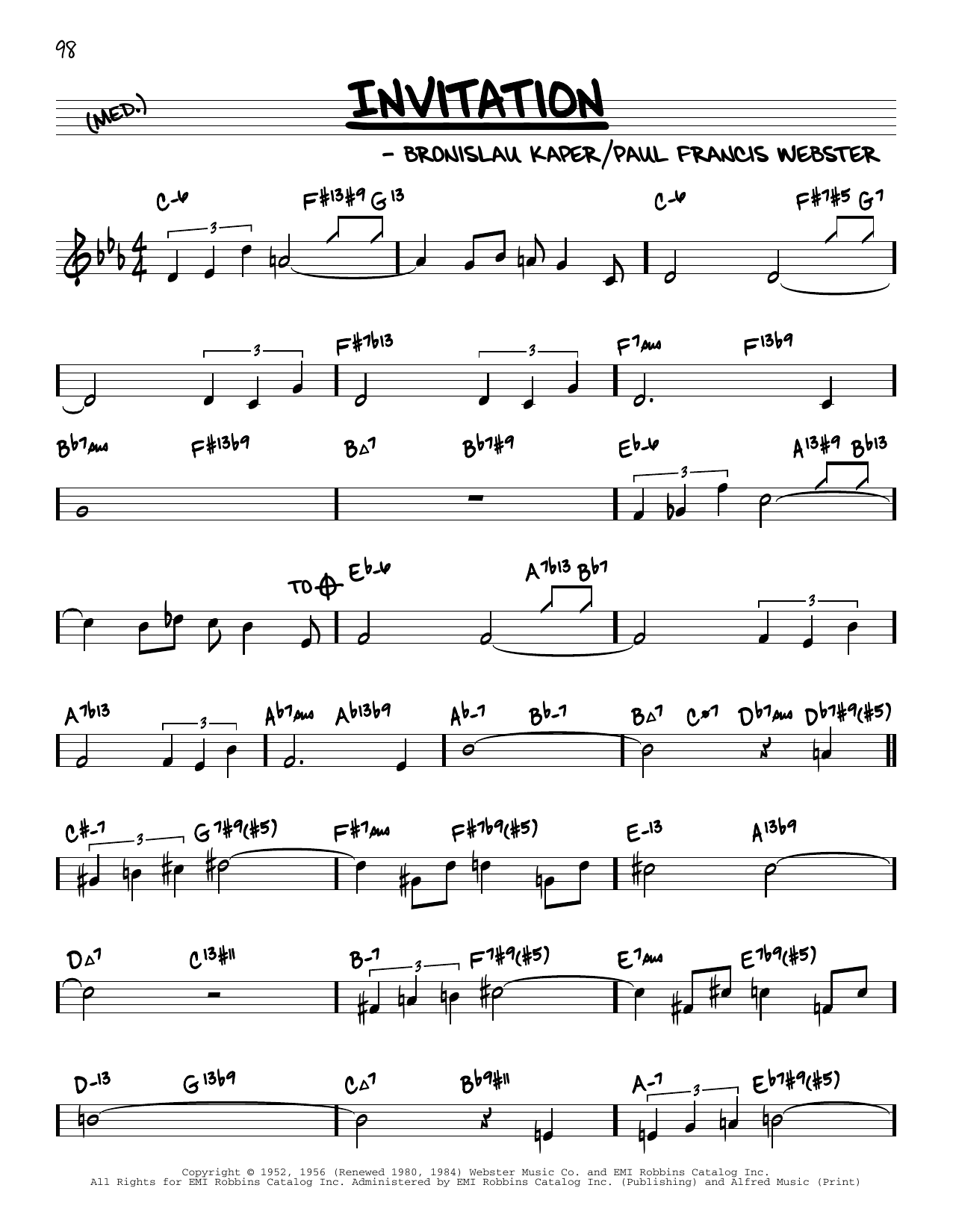 Download Bronislau Kaper Invitation (arr. David Hazeltine) Sheet Music and learn how to play Real Book – Enhanced Chords PDF digital score in minutes