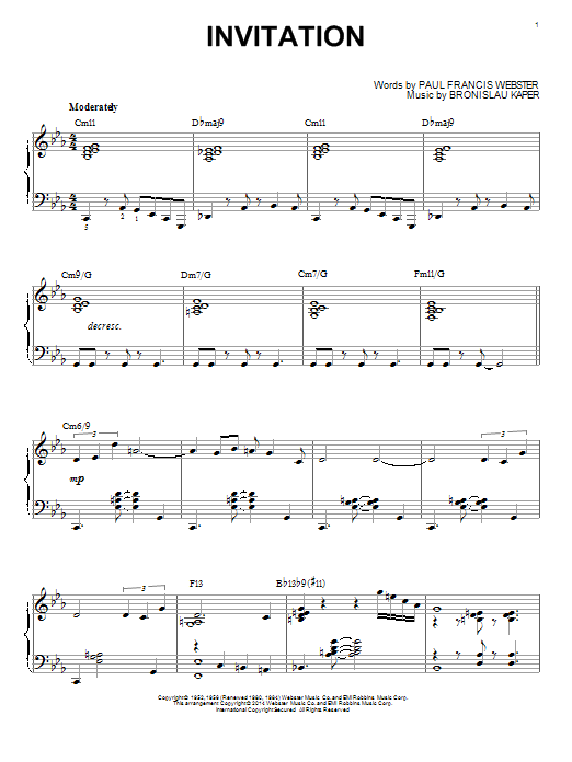 Download Bronislau Kaper Invitation Sheet Music and learn how to play Piano PDF digital score in minutes