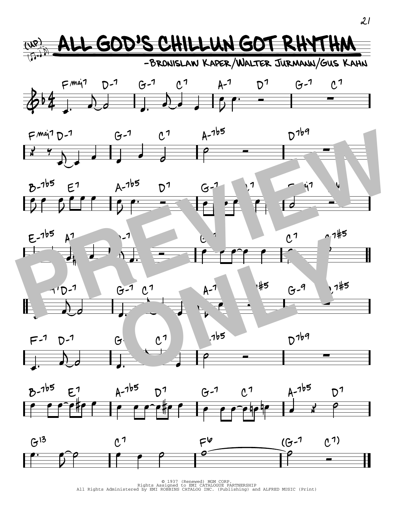Download Gus Kahn All God's Chillun Got Rhythm Sheet Music and learn how to play Real Book – Melody & Chords PDF digital score in minutes
