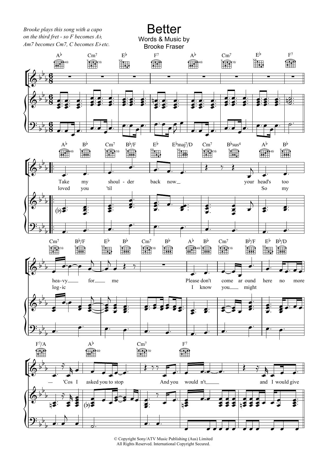 Download Brooke Fraser Better Sheet Music and learn how to play Piano, Vocal & Guitar (Right-Hand Melody) PDF digital score in minutes