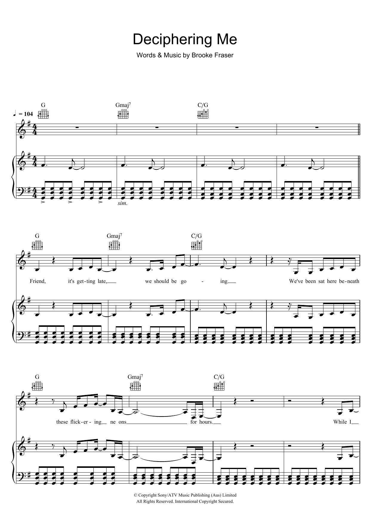 Download Brooke Fraser Deciphering Me Sheet Music and learn how to play Piano, Vocal & Guitar (Right-Hand Melody) PDF digital score in minutes