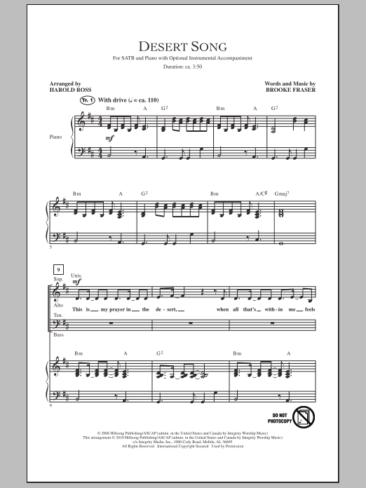 Download Brooke Fraser Desert Song (arr. Harold Ross) Sheet Music and learn how to play SATB Choir PDF digital score in minutes