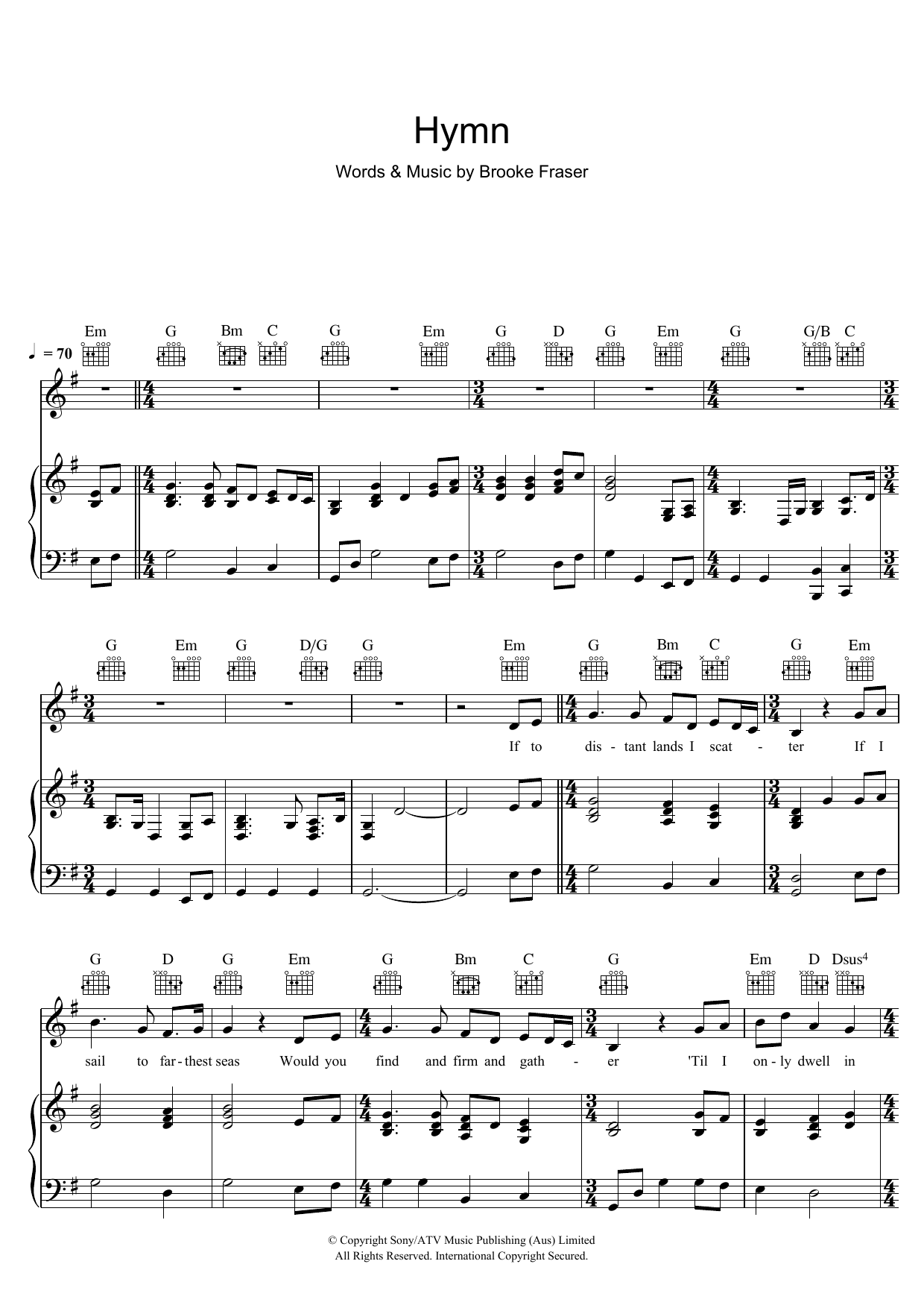 Download Brooke Fraser Hymn Sheet Music and learn how to play Piano, Vocal & Guitar (Right-Hand Melody) PDF digital score in minutes