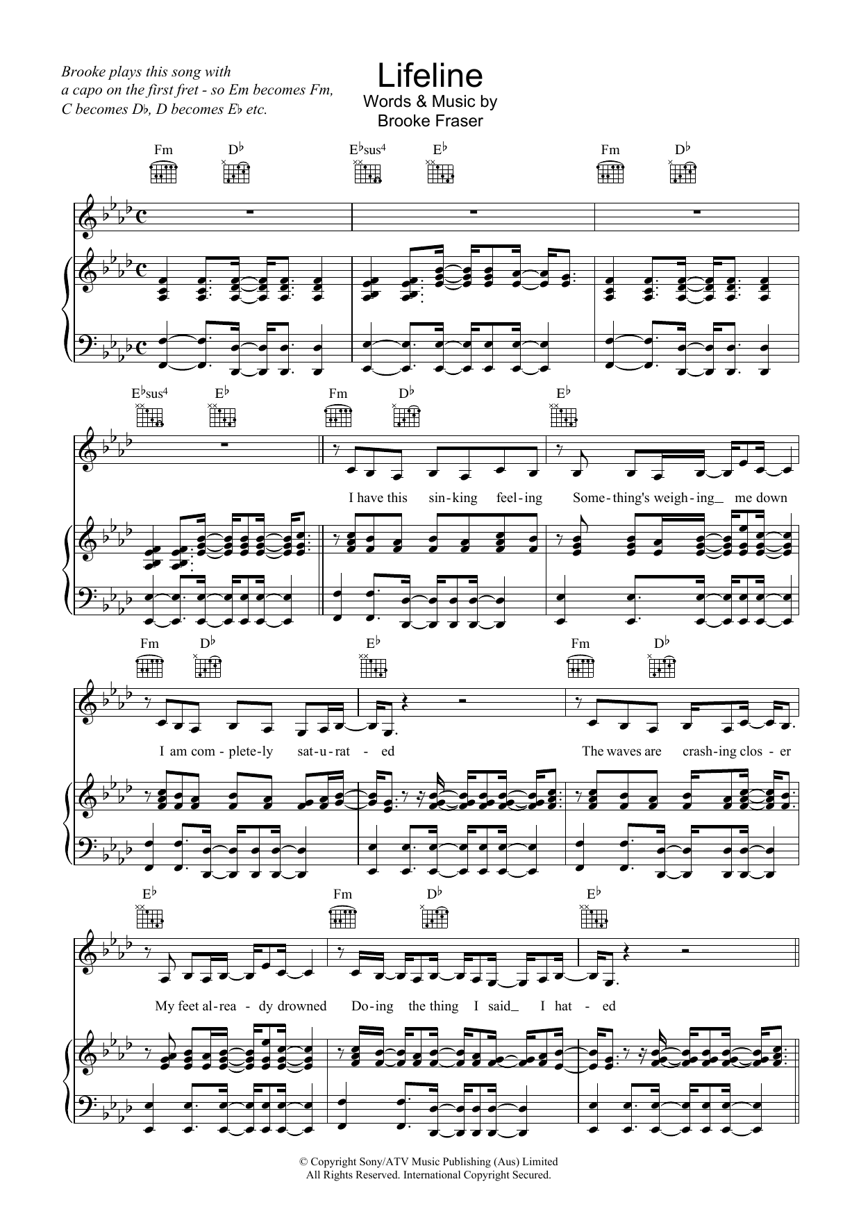 Download Brooke Fraser Lifeline Sheet Music and learn how to play Piano, Vocal & Guitar (Right-Hand Melody) PDF digital score in minutes