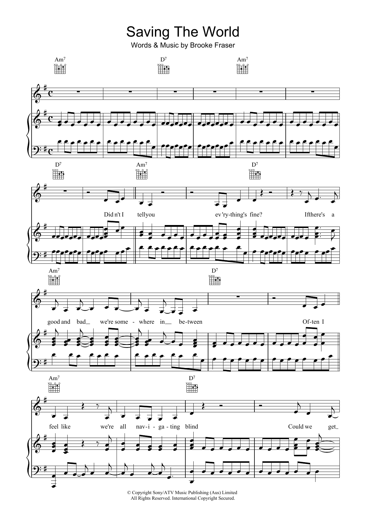 Download Brooke Fraser Saving The World Sheet Music and learn how to play Piano, Vocal & Guitar (Right-Hand Melody) PDF digital score in minutes