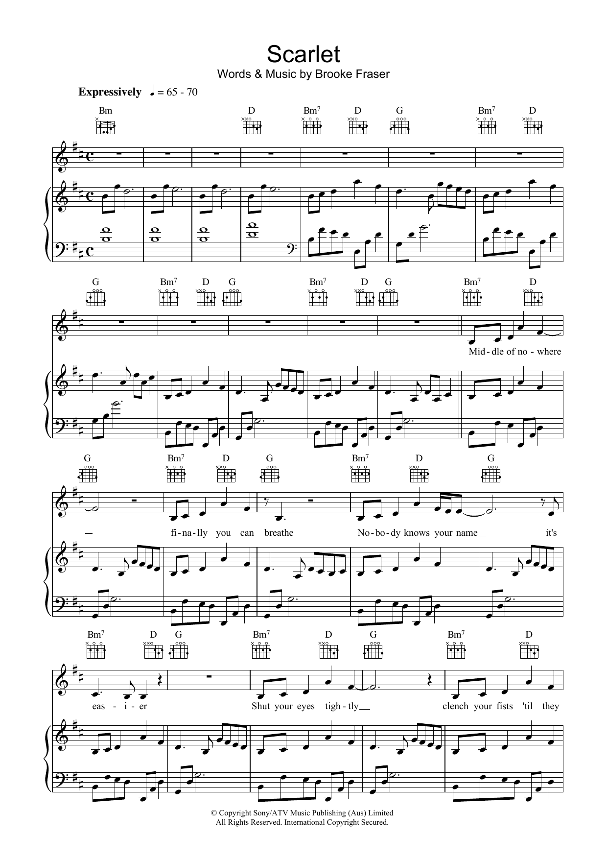 Download Brooke Fraser Scarlet Sheet Music and learn how to play Piano, Vocal & Guitar (Right-Hand Melody) PDF digital score in minutes
