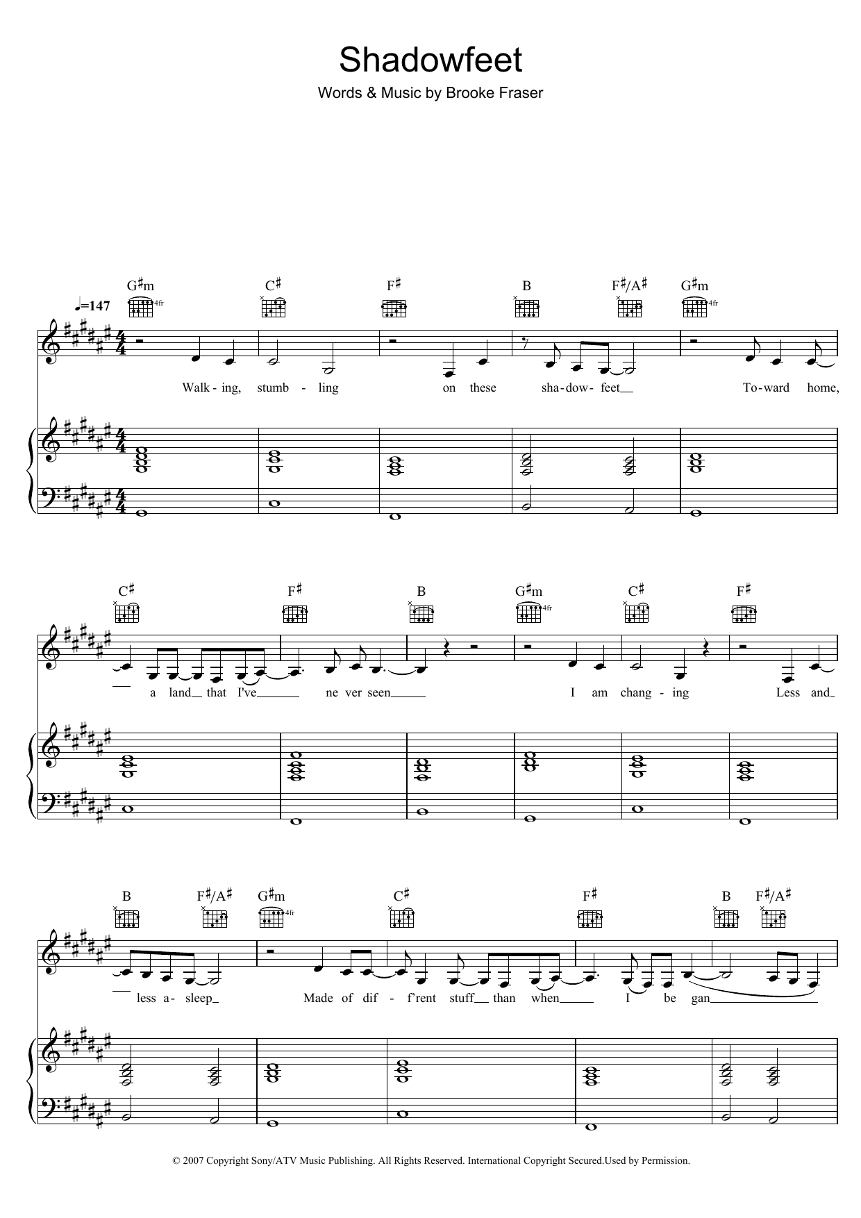 Download Brooke Fraser Shadowfeet Sheet Music and learn how to play Beginner Piano PDF digital score in minutes