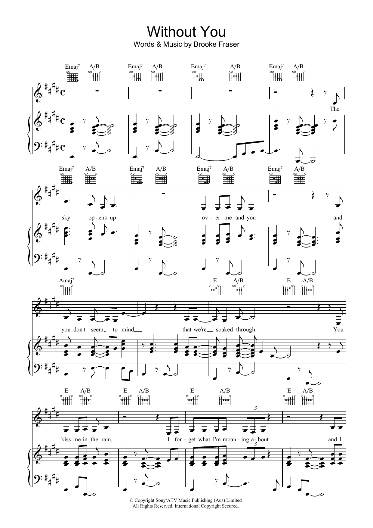 Download Brooke Fraser Without You Sheet Music and learn how to play Piano, Vocal & Guitar (Right-Hand Melody) PDF digital score in minutes