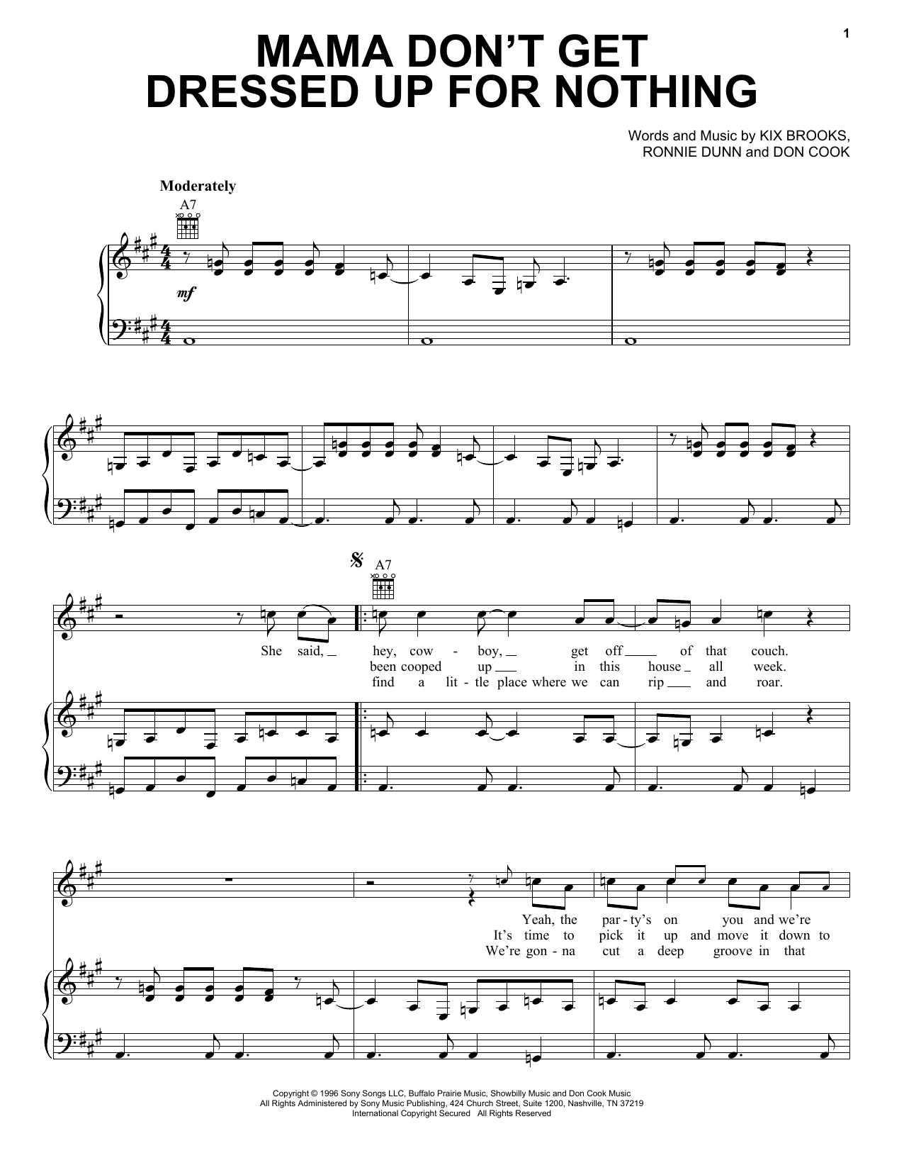 Download Brooks & Dunn Mama Don't Get Dressed Up For Nothing Sheet Music and learn how to play Piano, Vocal & Guitar Chords (Right-Hand Melody) PDF digital score in minutes