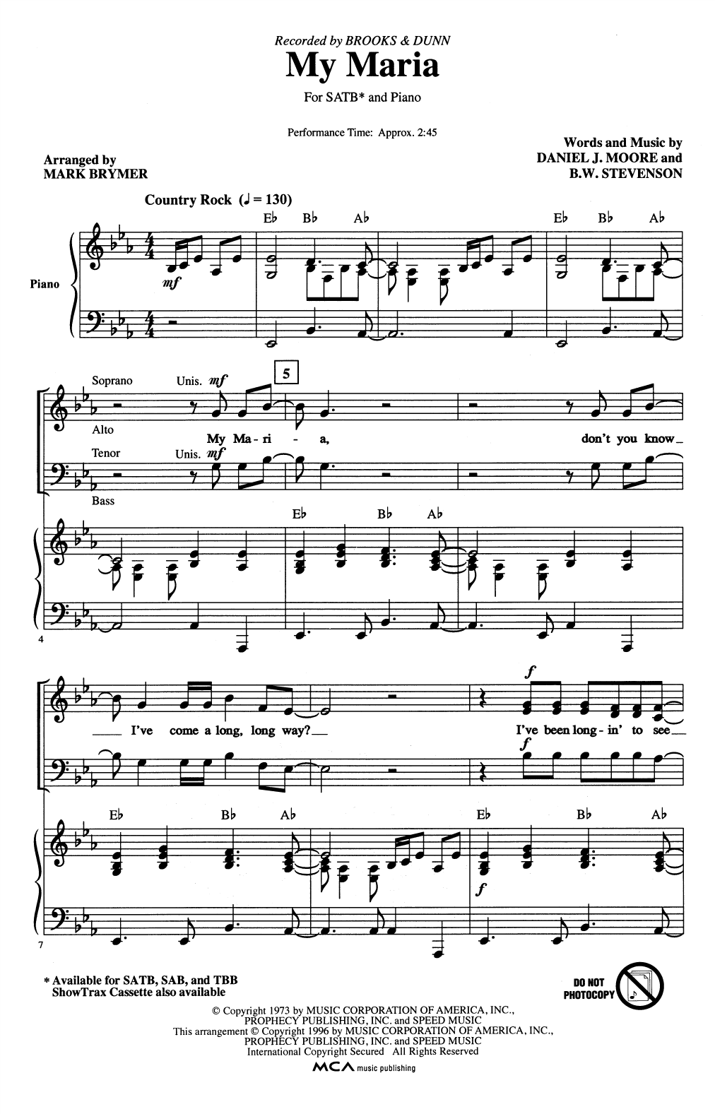 Download Brooks & Dunn My Maria (arr. Mark Brymer) Sheet Music and learn how to play TBB Choir PDF digital score in minutes