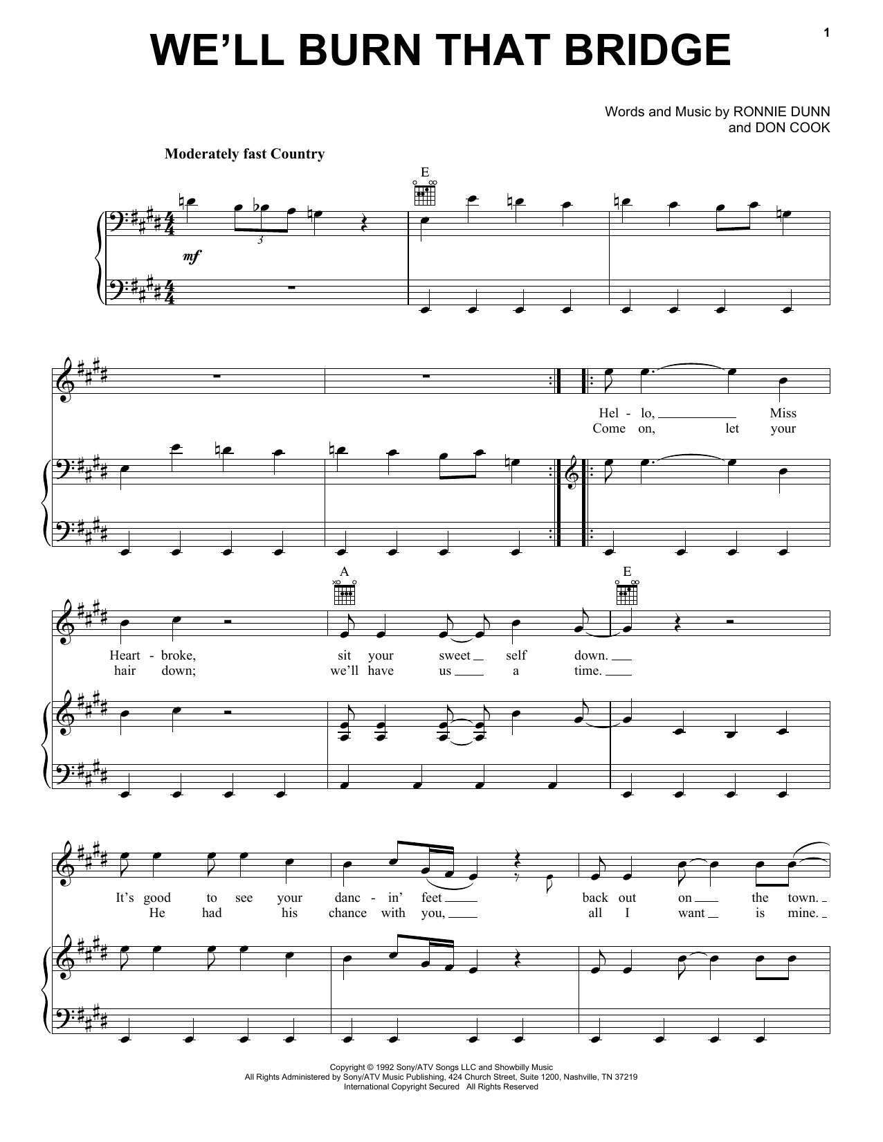 Download Brooks & Dunn We'll Burn That Bridge Sheet Music and learn how to play Piano, Vocal & Guitar Chords (Right-Hand Melody) PDF digital score in minutes