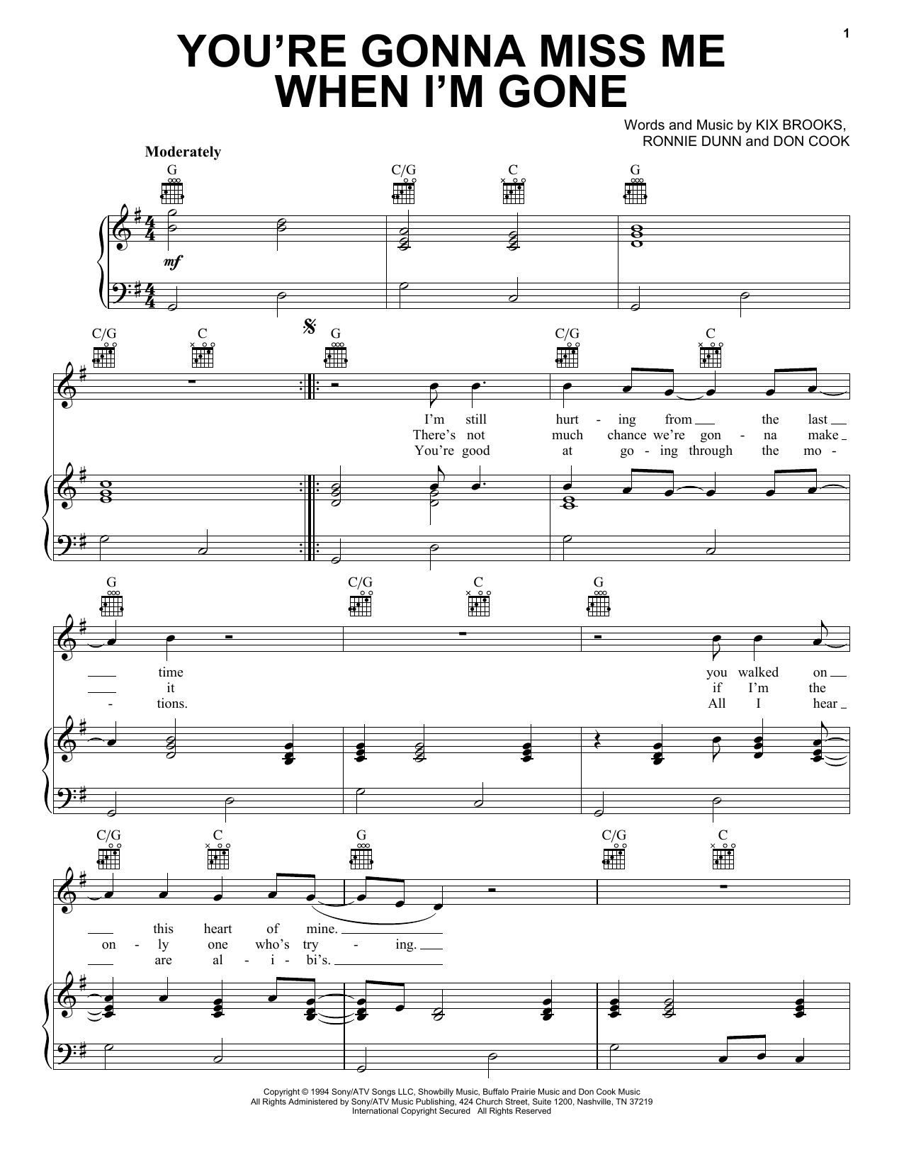 Download Brooks & Dunn You're Gonna Miss Me When I'm Gone Sheet Music and learn how to play Piano, Vocal & Guitar Chords (Right-Hand Melody) PDF digital score in minutes