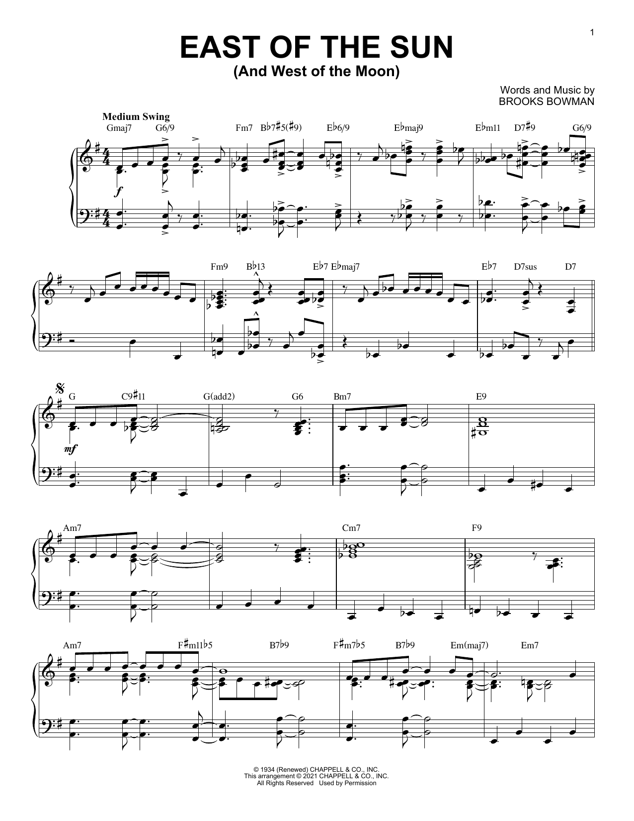 Download Brooks Bowman East Of The Sun (And West Of The Moon) [Jazz version] (arr. Brent Edstrom) Sheet Music and learn how to play Piano Solo PDF digital score in minutes