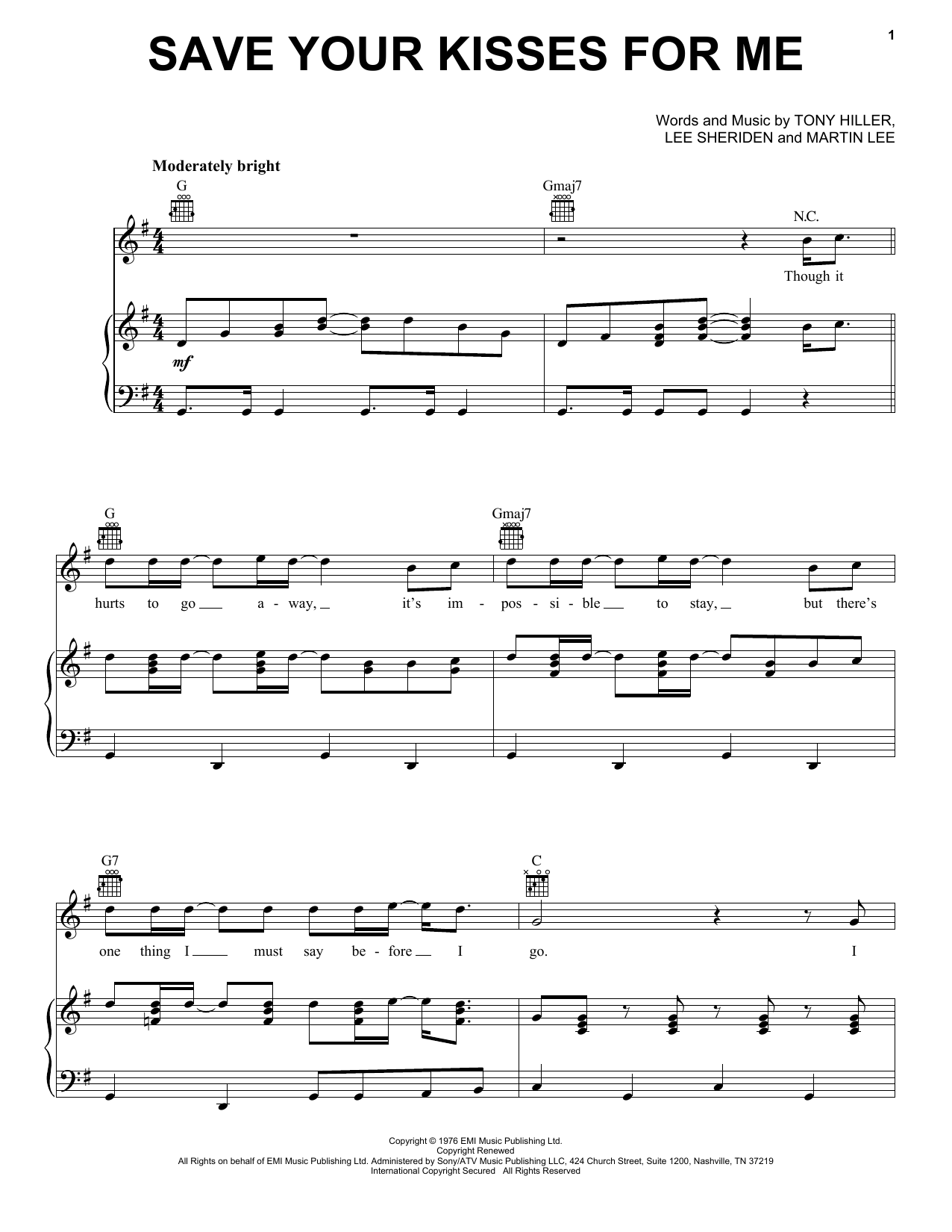 Download Brotherhood Of Man Save Your Kisses For Me Sheet Music and learn how to play Piano, Vocal & Guitar Chords (Right-Hand Melody) PDF digital score in minutes