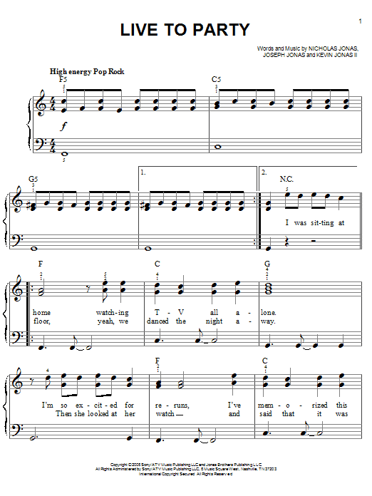 Download Jonas Brothers Live To Party Sheet Music and learn how to play Easy Piano PDF digital score in minutes