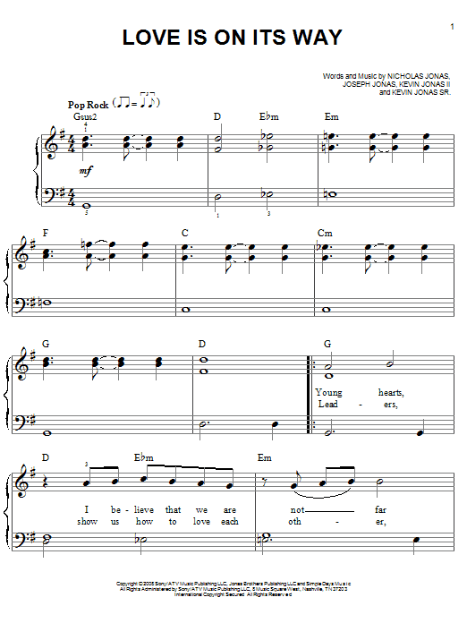 Download Jonas Brothers Love Is On Its Way Sheet Music and learn how to play Easy Piano PDF digital score in minutes
