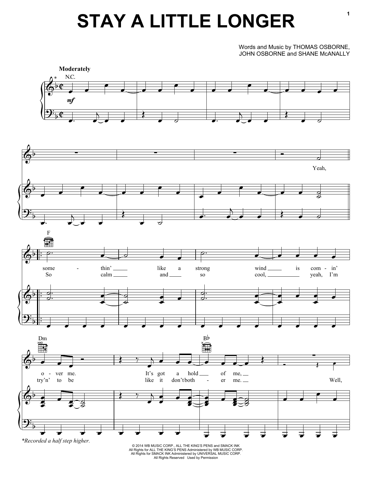 Download Brothers Osborne Stay A Little Longer Sheet Music and learn how to play Piano, Vocal & Guitar (Right-Hand Melody) PDF digital score in minutes