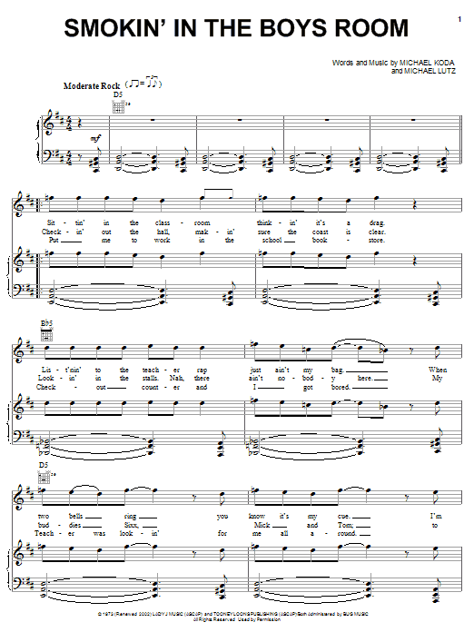 Download Brownsville Station Smokin' In The Boys Room Sheet Music and learn how to play Piano, Vocal & Guitar (Right-Hand Melody) PDF digital score in minutes