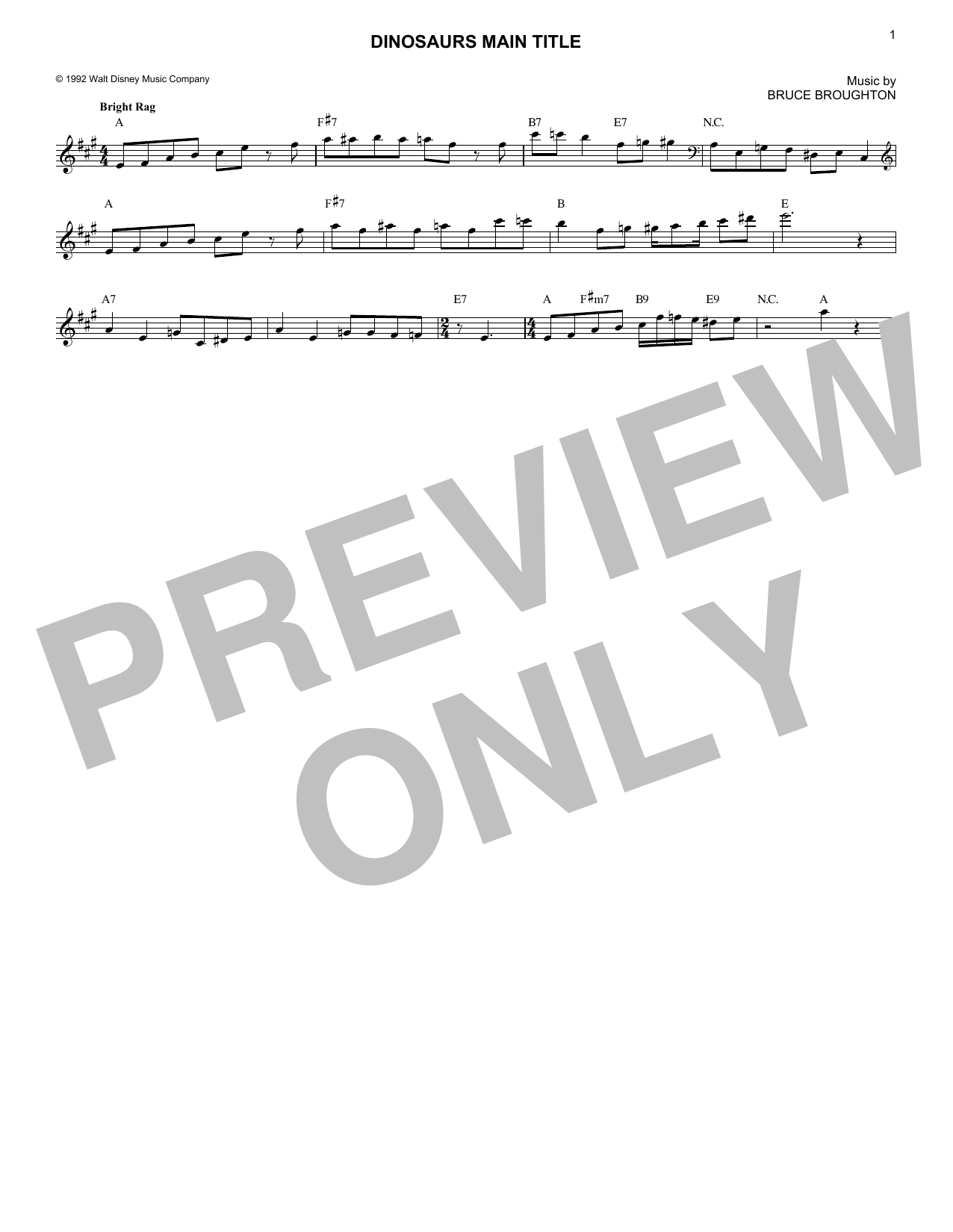 Download Bruce Broughton Dinosaurs Main Title Sheet Music and learn how to play Lead Sheet / Fake Book PDF digital score in minutes
