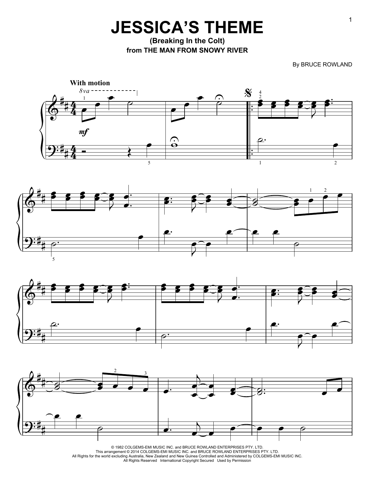 Download Bruce Rowland Jessica's Theme (Breaking In The Colt) Sheet Music and learn how to play Easy Piano Solo PDF digital score in minutes