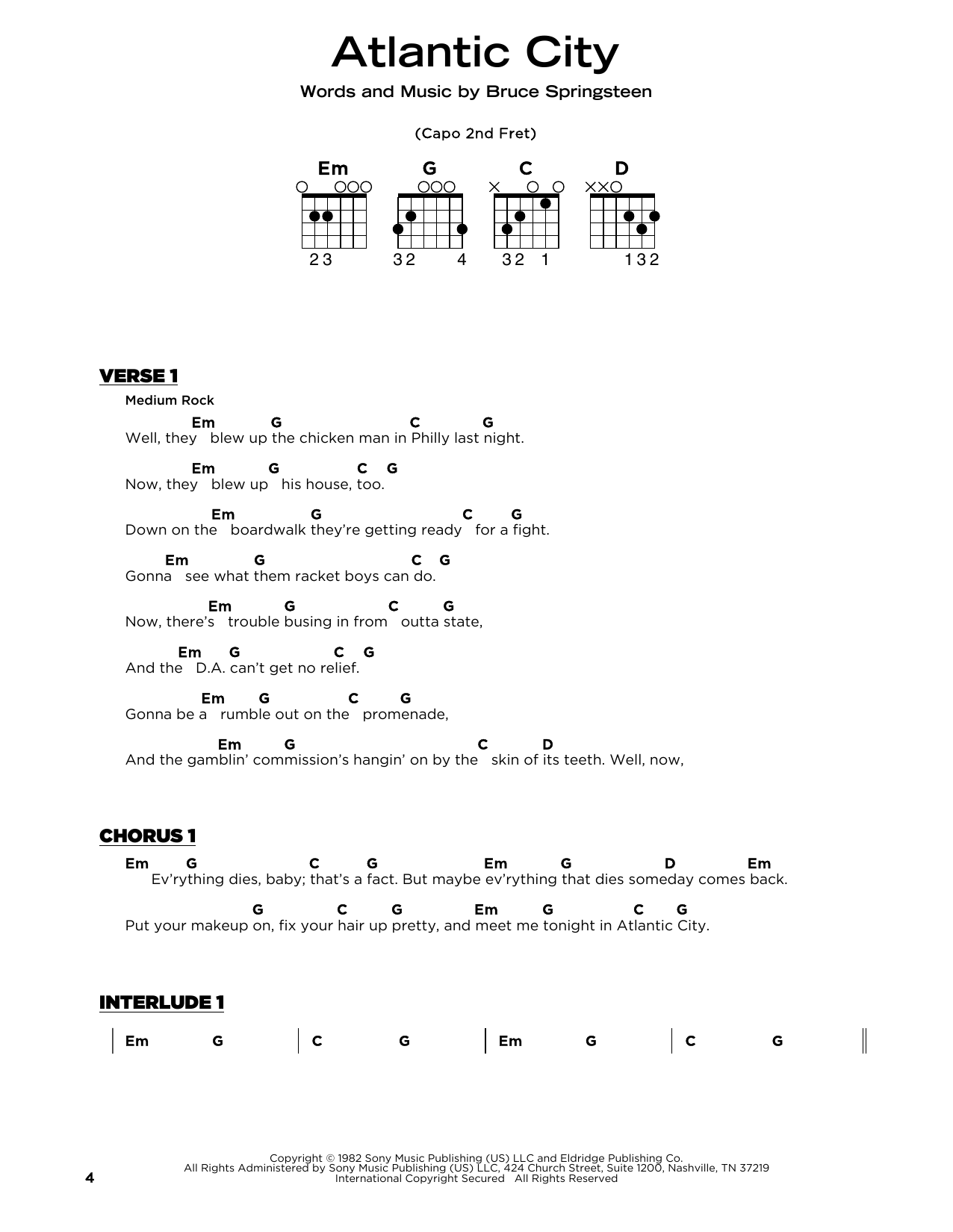 Download Bruce Springsteen Atlantic City Sheet Music and learn how to play Really Easy Guitar PDF digital score in minutes