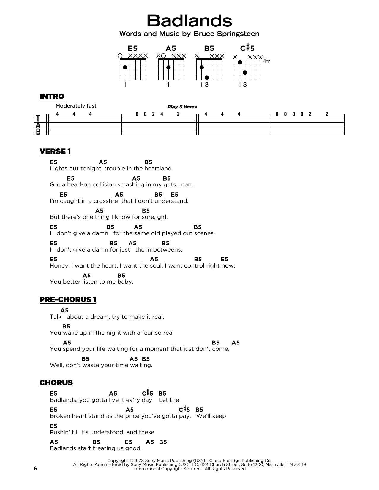 Download Bruce Springsteen Badlands Sheet Music and learn how to play Really Easy Guitar PDF digital score in minutes