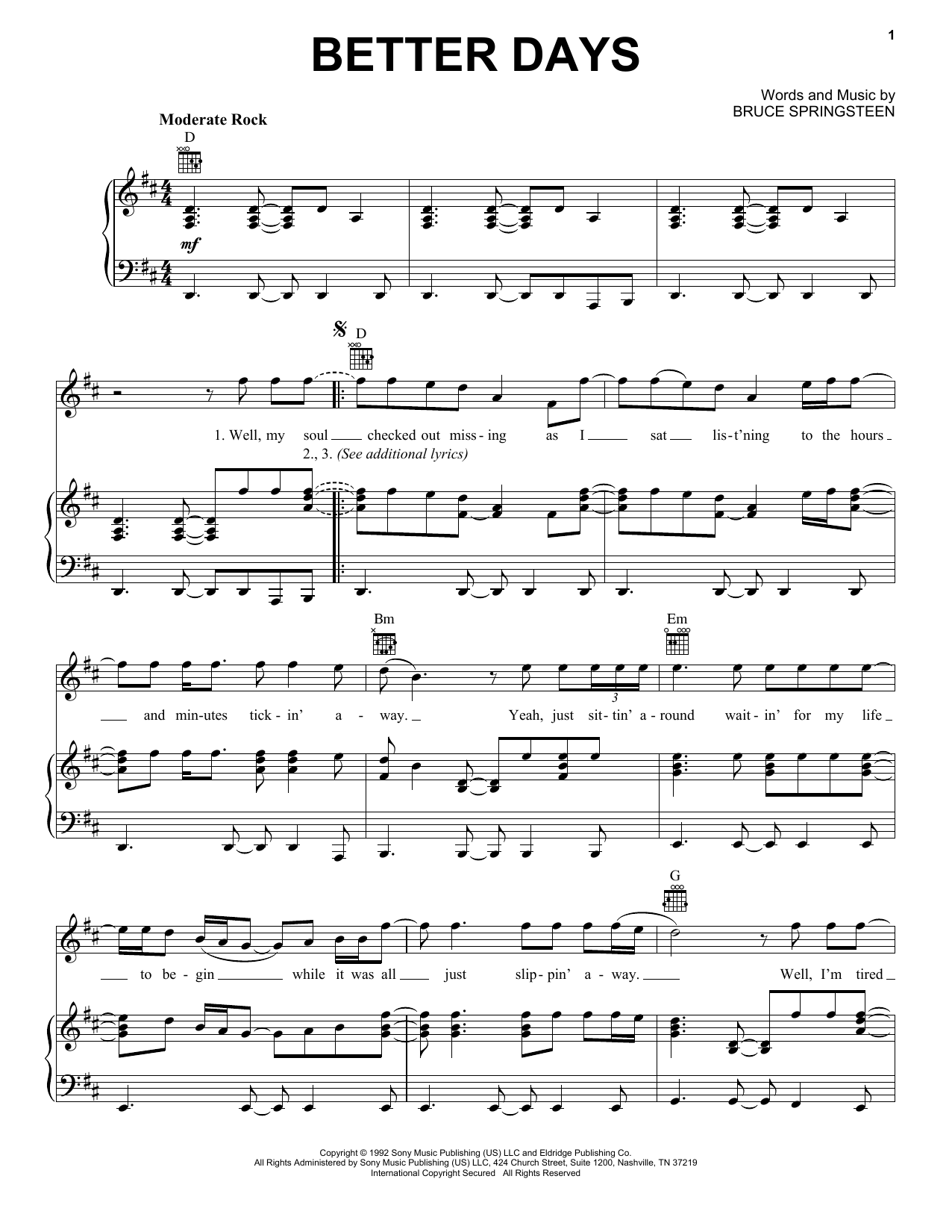 Download Bruce Springsteen Better Days Sheet Music and learn how to play Piano, Vocal & Guitar Chords (Right-Hand Melody) PDF digital score in minutes