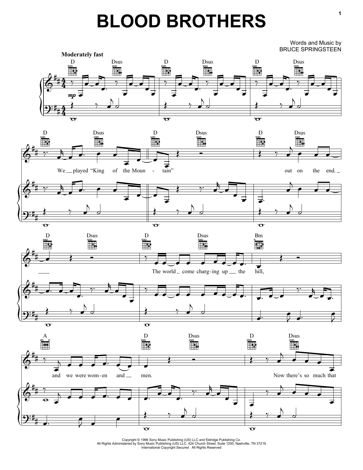 Download Bruce Springsteen Blood Brothers Sheet Music and learn how to play Piano, Vocal & Guitar Chords (Right-Hand Melody) PDF digital score in minutes