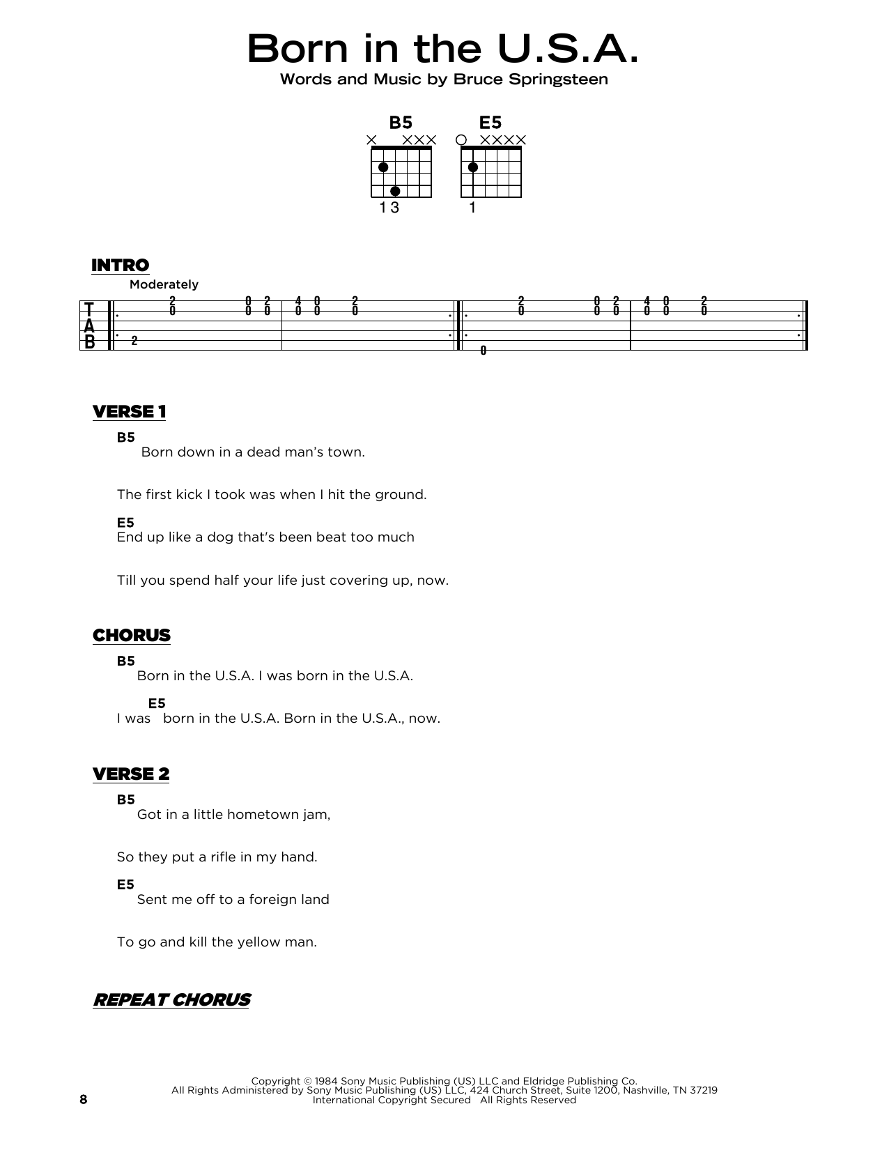 Download Bruce Springsteen Born In The U.S.A. Sheet Music and learn how to play Really Easy Guitar PDF digital score in minutes