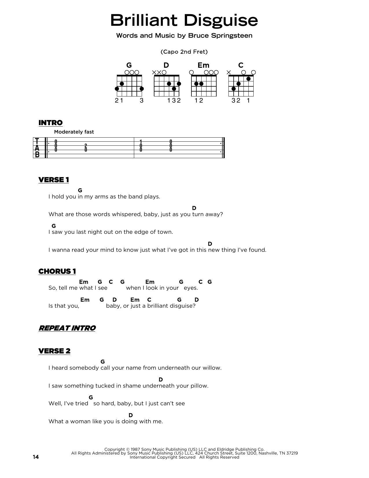 Download Bruce Springsteen Brilliant Disguise Sheet Music and learn how to play Really Easy Guitar PDF digital score in minutes