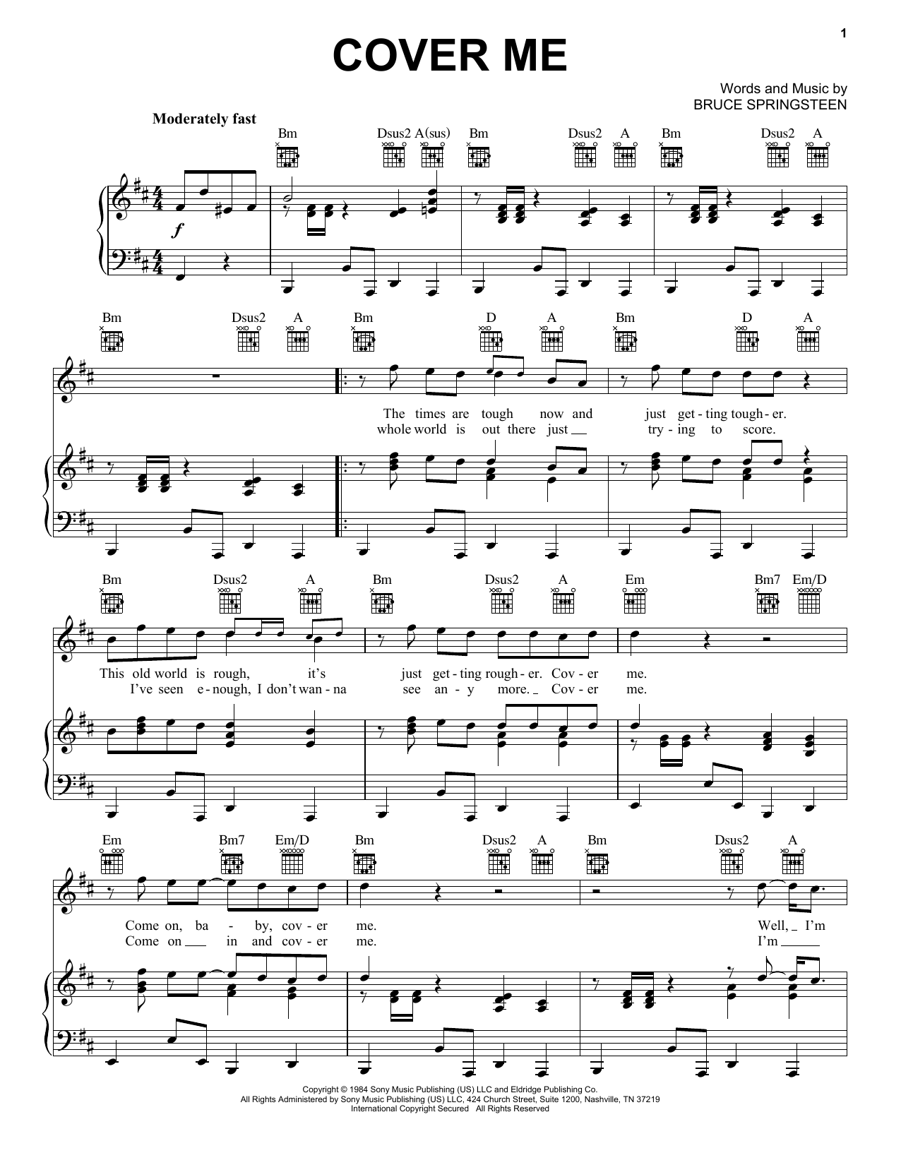 Download Bruce Springsteen Cover Me Sheet Music and learn how to play Piano, Vocal & Guitar Chords (Right-Hand Melody) PDF digital score in minutes