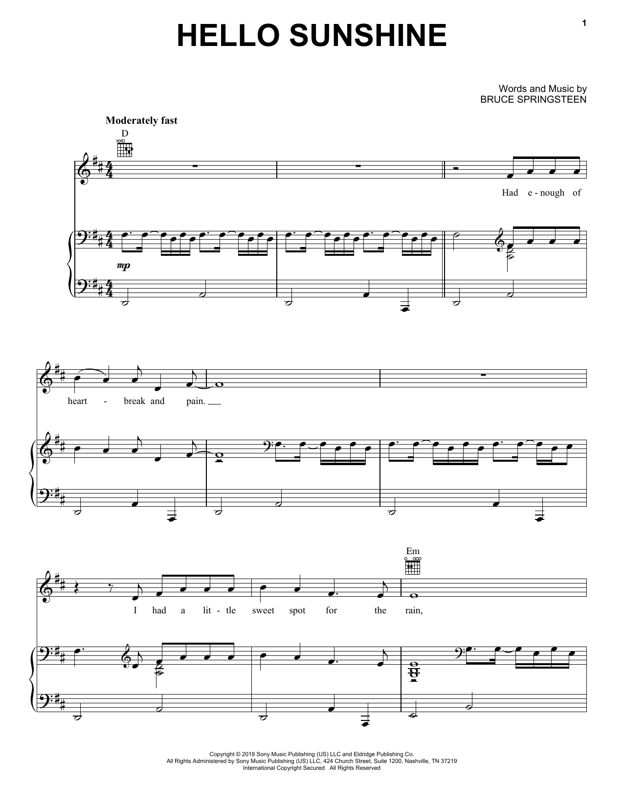 Download Bruce Springsteen Hello Sunshine Sheet Music and learn how to play Piano, Vocal & Guitar Chords (Right-Hand Melody) PDF digital score in minutes