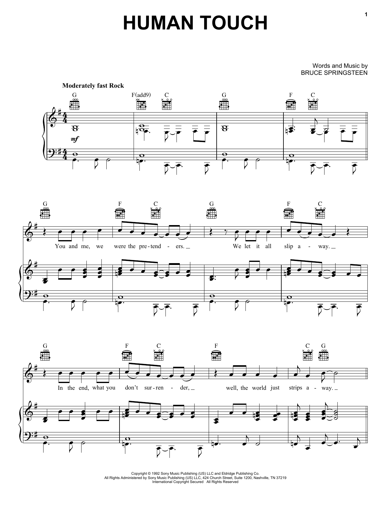Download Bruce Springsteen Human Touch Sheet Music and learn how to play Piano, Vocal & Guitar Chords (Right-Hand Melody) PDF digital score in minutes