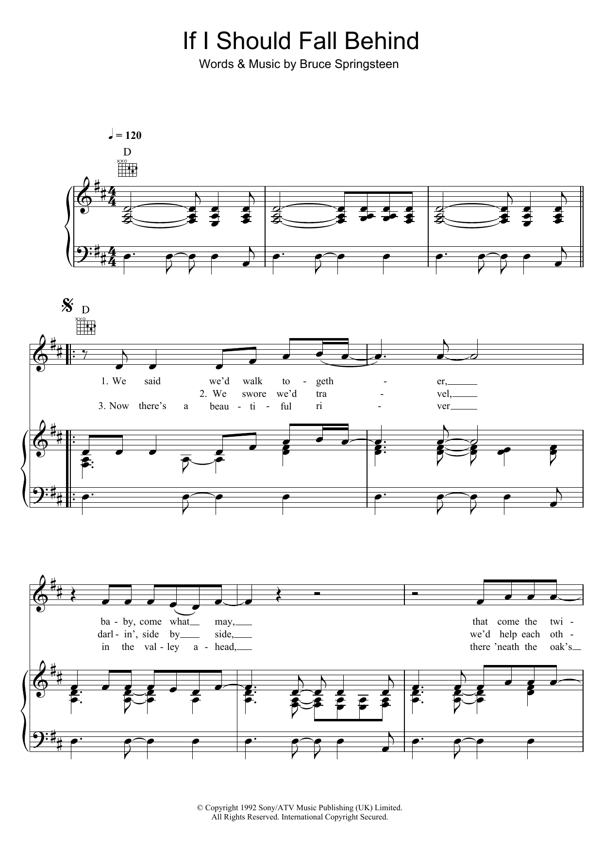 Download Bruce Springsteen If I Should Fall Behind Sheet Music and learn how to play Piano, Vocal & Guitar (Right-Hand Melody) PDF digital score in minutes