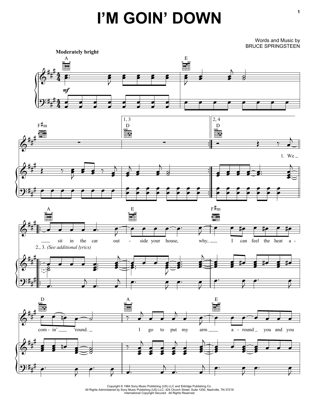 Download Bruce Springsteen I'm Goin' Down Sheet Music and learn how to play Piano, Vocal & Guitar Chords (Right-Hand Melody) PDF digital score in minutes
