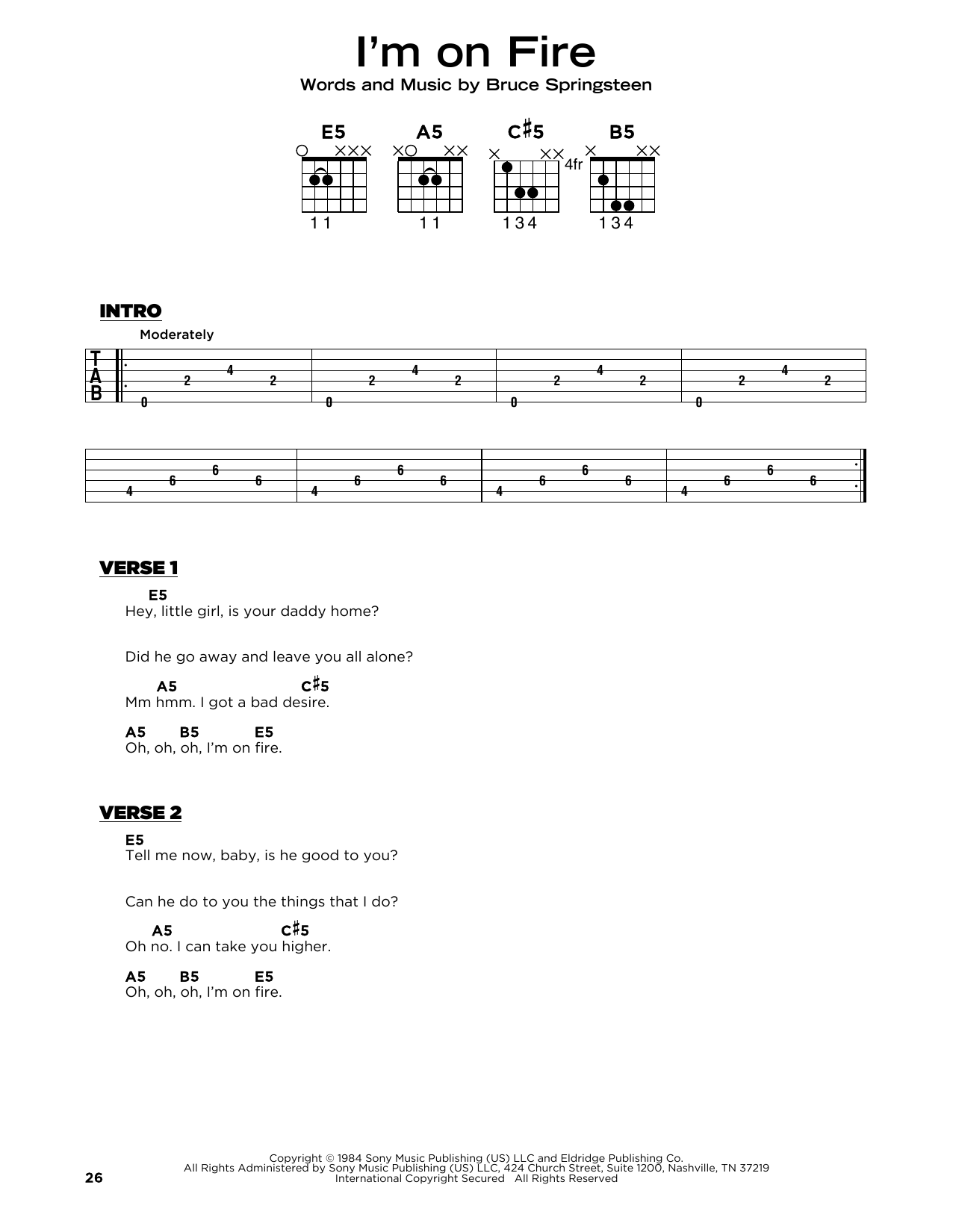 Download Bruce Springsteen I'm On Fire Sheet Music and learn how to play Really Easy Guitar PDF digital score in minutes