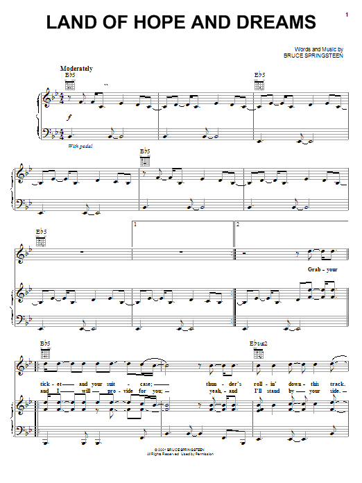 Download Bruce Springsteen Land Of Hope And Dreams Sheet Music and learn how to play Piano, Vocal & Guitar (Right-Hand Melody) PDF digital score in minutes