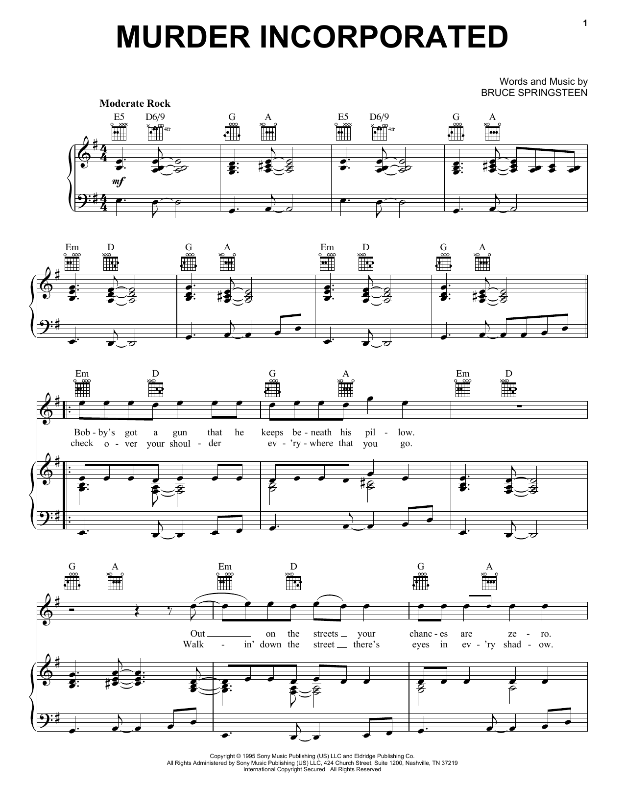 Download Bruce Springsteen Murder Incorporated Sheet Music and learn how to play Piano, Vocal & Guitar Chords (Right-Hand Melody) PDF digital score in minutes