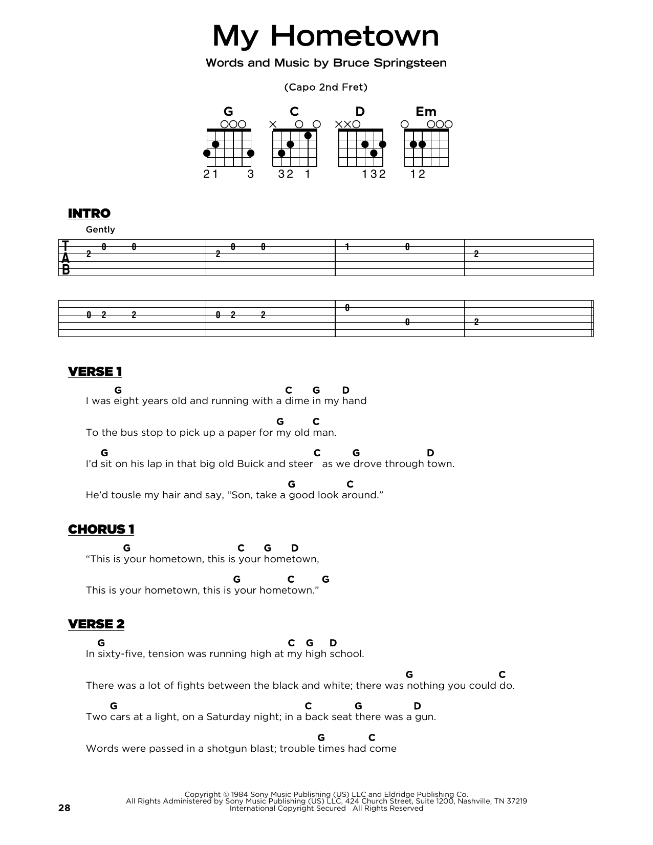 Download Bruce Springsteen My Hometown Sheet Music and learn how to play Really Easy Guitar PDF digital score in minutes