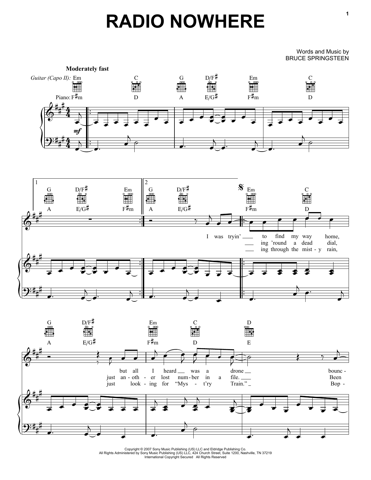 Download Bruce Springsteen Radio Nowhere Sheet Music and learn how to play Piano, Vocal & Guitar Chords (Right-Hand Melody) PDF digital score in minutes