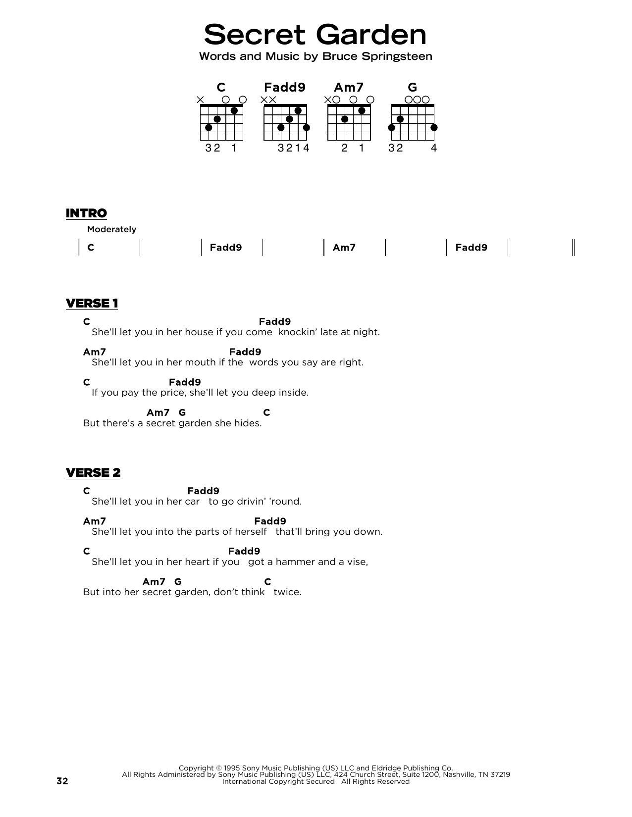 Download Bruce Springsteen Secret Garden Sheet Music and learn how to play Really Easy Guitar PDF digital score in minutes