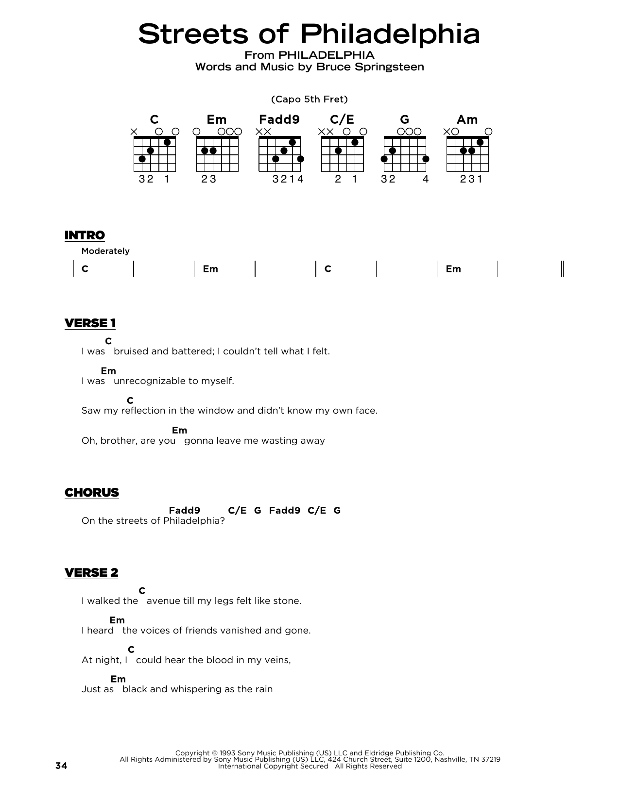 Download Bruce Springsteen Streets Of Philadelphia (from Philadelphia) Sheet Music and learn how to play Really Easy Guitar PDF digital score in minutes