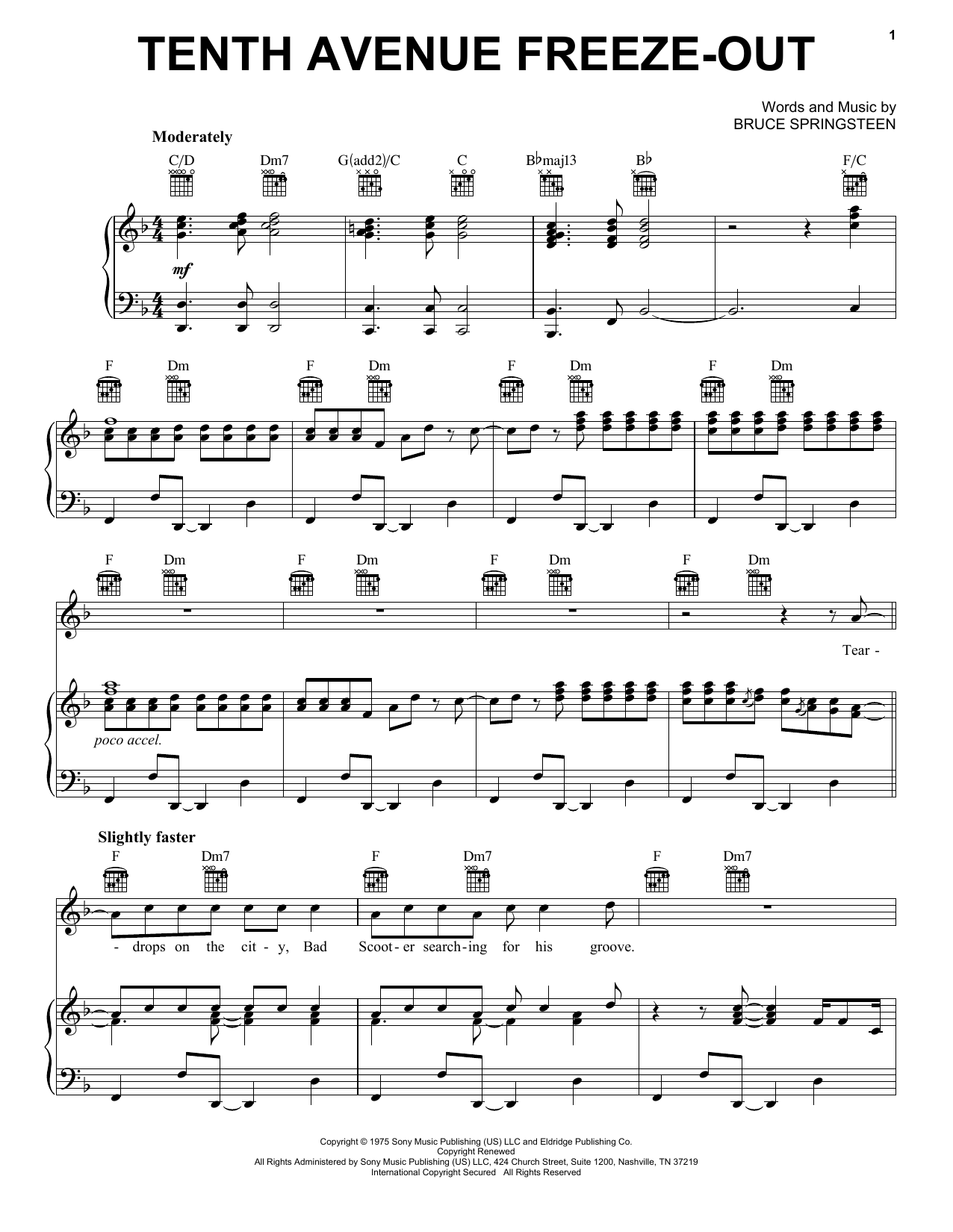 Download Bruce Springsteen Tenth Avenue Freeze-Out Sheet Music and learn how to play Piano, Vocal & Guitar Chords (Right-Hand Melody) PDF digital score in minutes