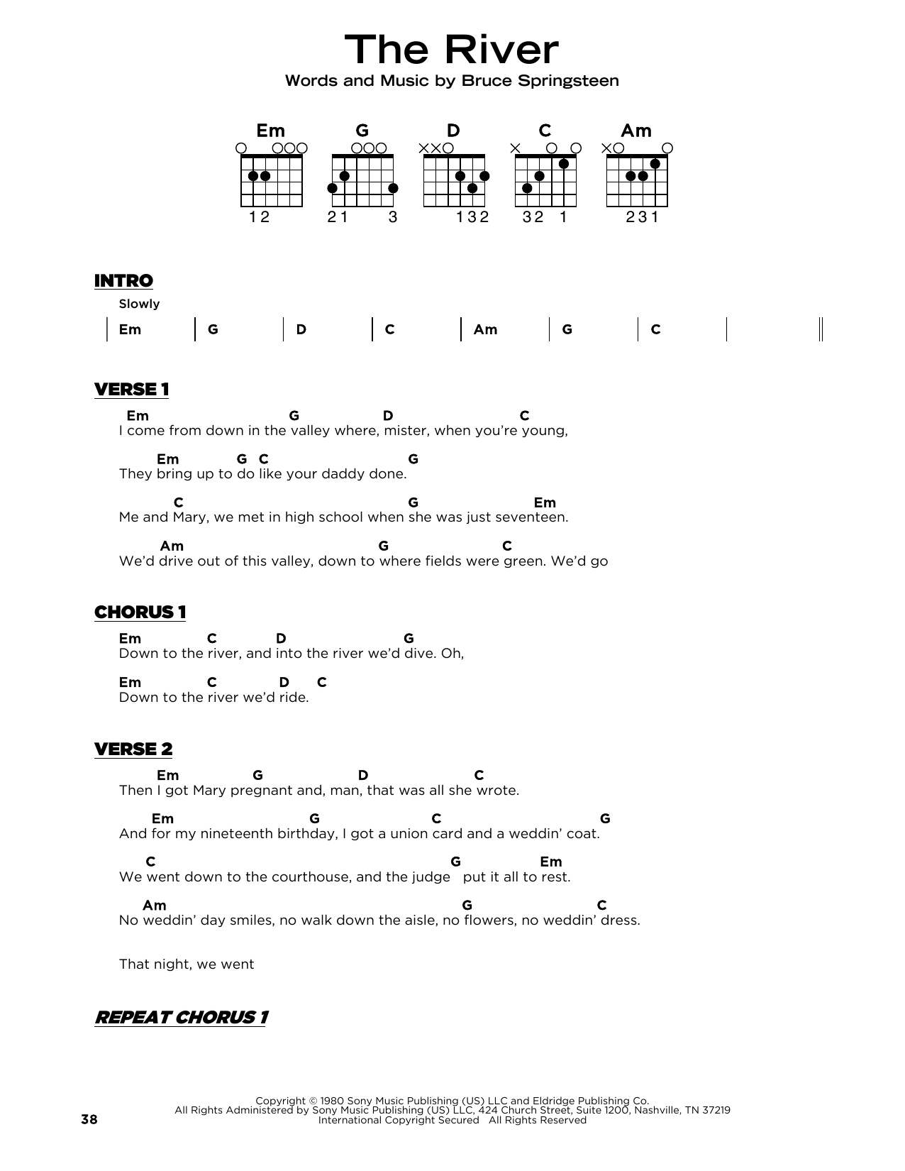 Download Bruce Springsteen The River Sheet Music and learn how to play Really Easy Guitar PDF digital score in minutes