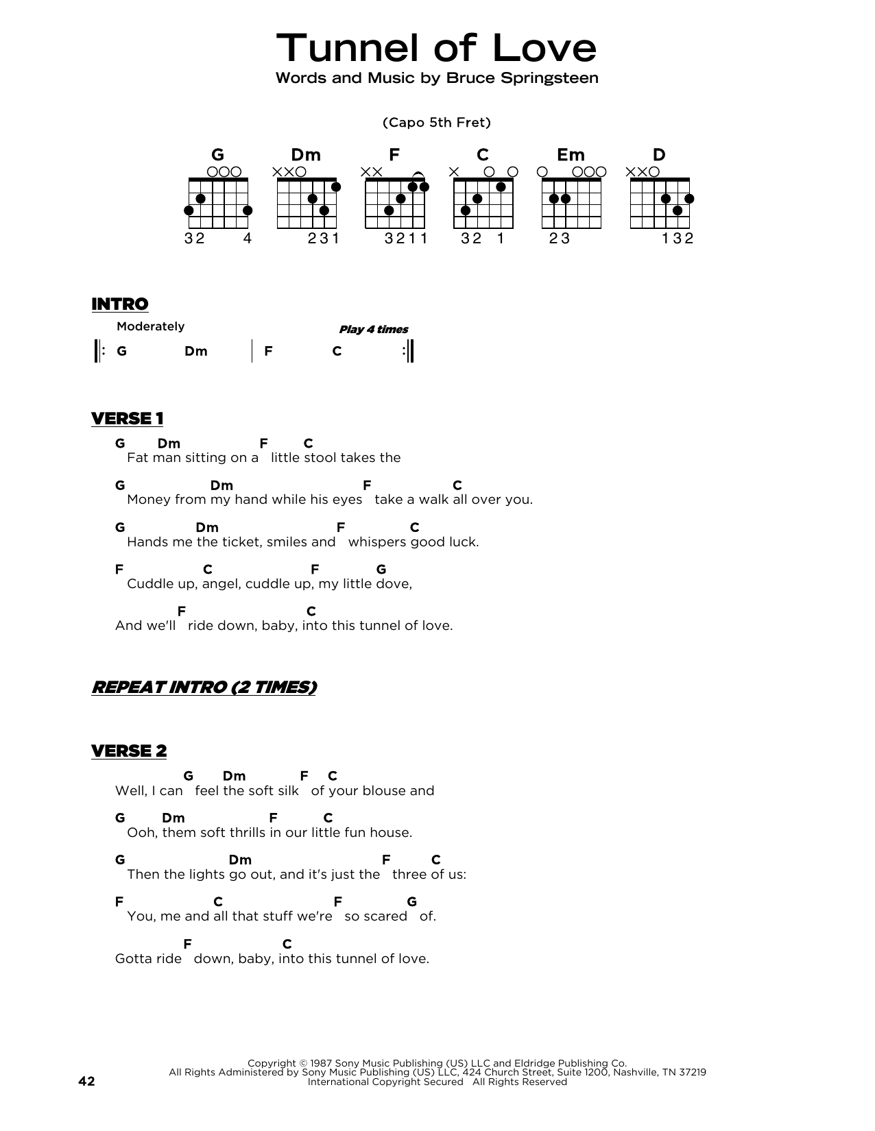 Download Bruce Springsteen Tunnel Of Love Sheet Music and learn how to play Really Easy Guitar PDF digital score in minutes
