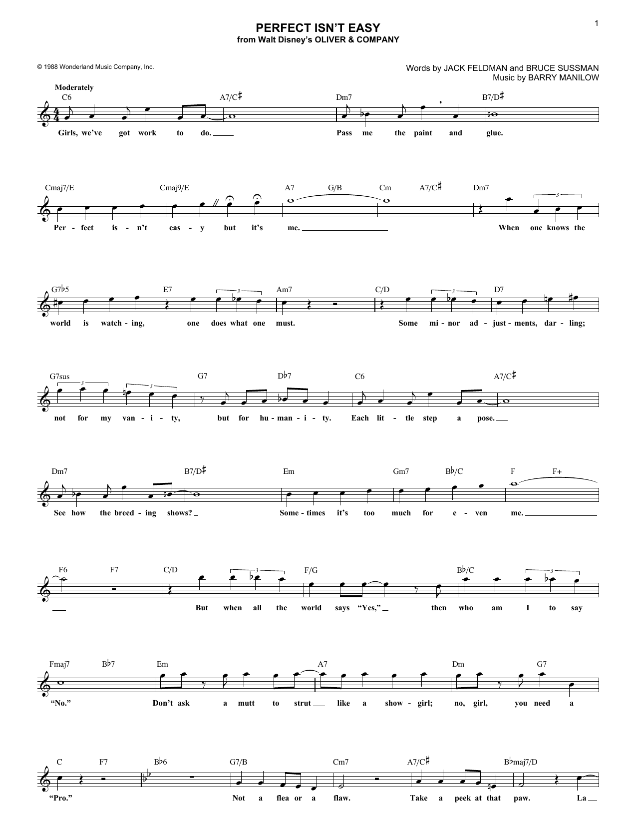 Download Bruce Sussman Perfect Isn't Easy Sheet Music and learn how to play Melody Line, Lyrics & Chords PDF digital score in minutes