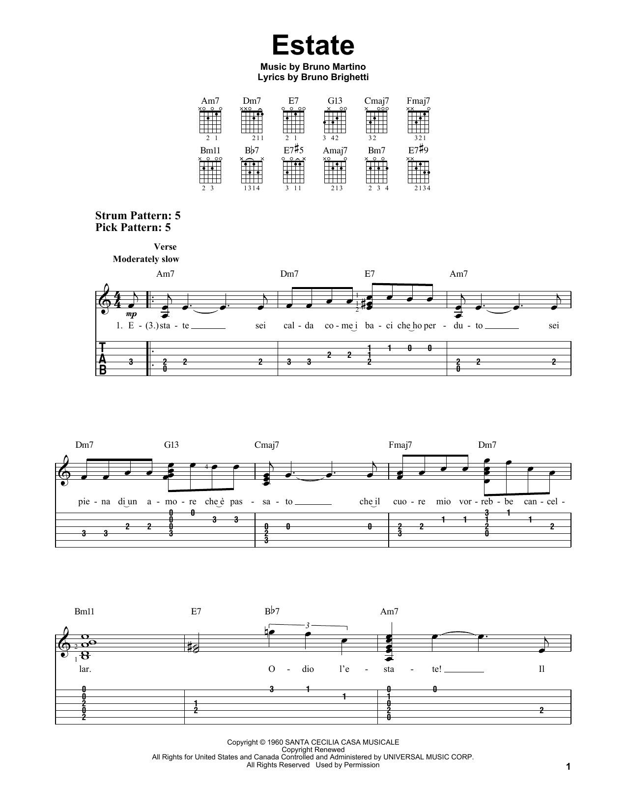 Download Bruno Brighetti Estate Sheet Music and learn how to play Melody Line, Lyrics & Chords PDF digital score in minutes