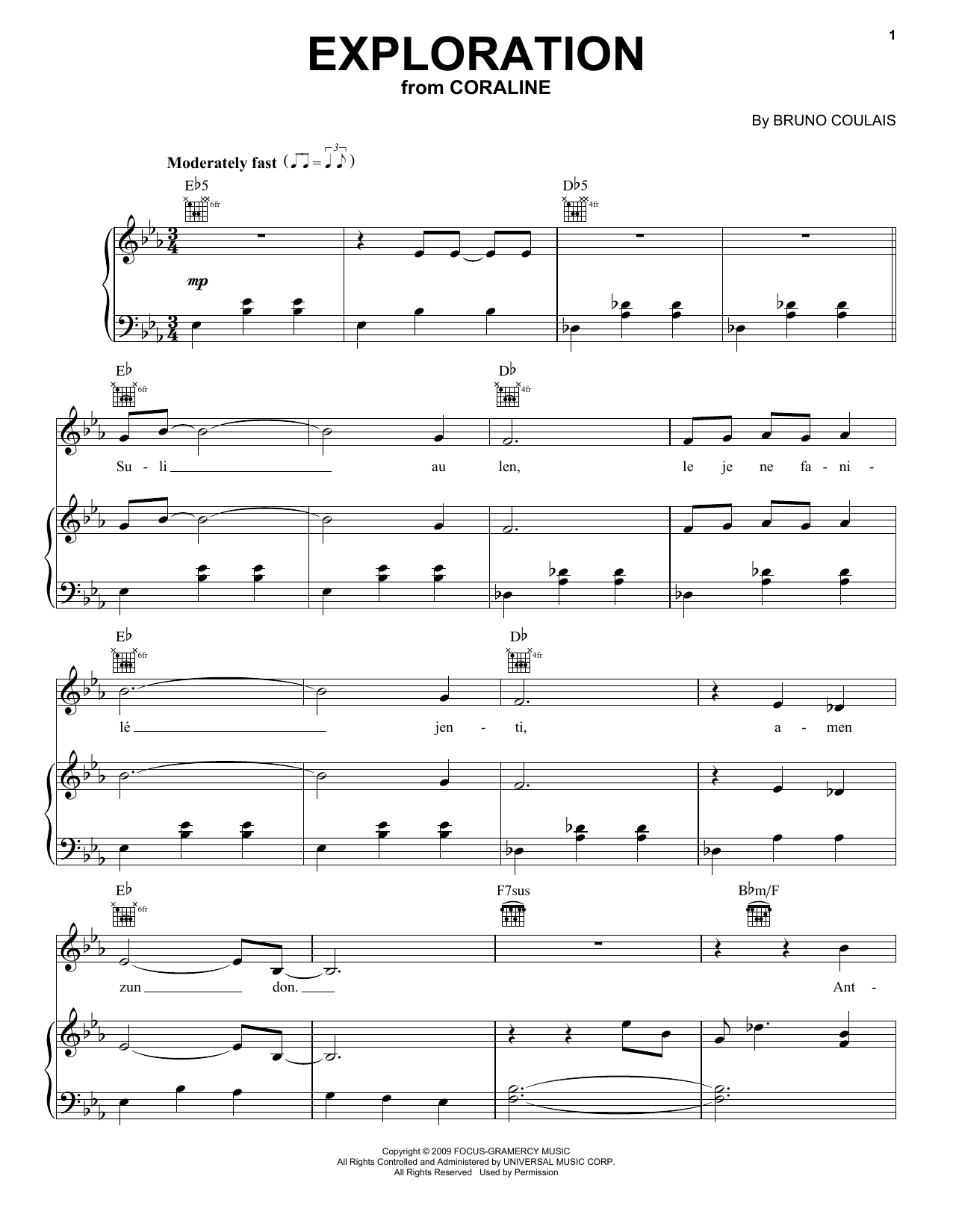Download Bruno Coulais Exploration (from Coraline) Sheet Music and learn how to play Piano, Vocal & Guitar Chords (Right-Hand Melody) PDF digital score in minutes